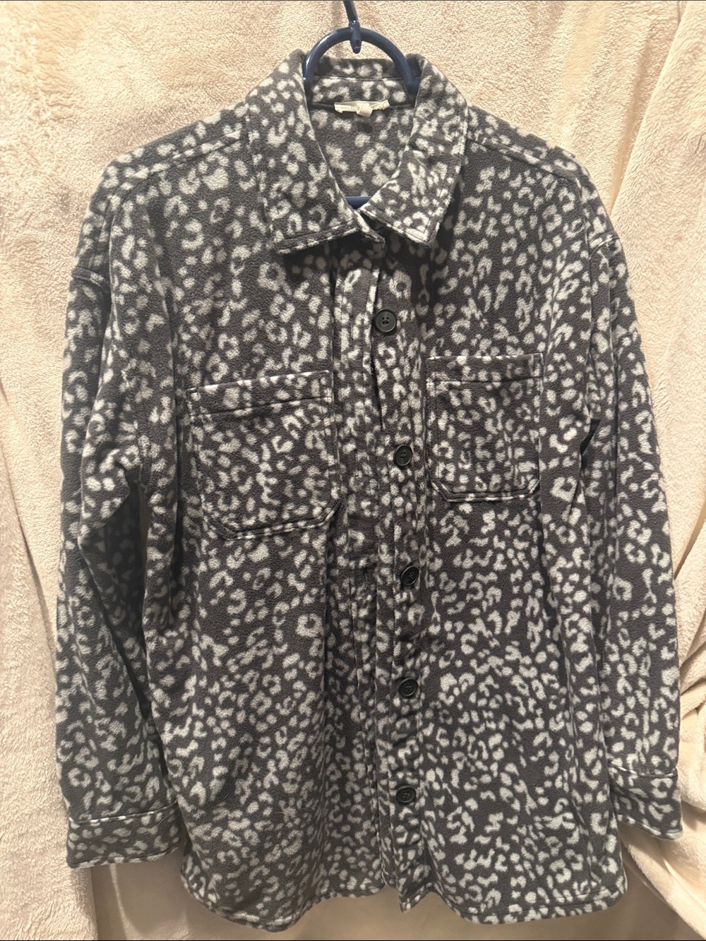 Maurices Gray and White Leopard Fleece Button-Up Jacket